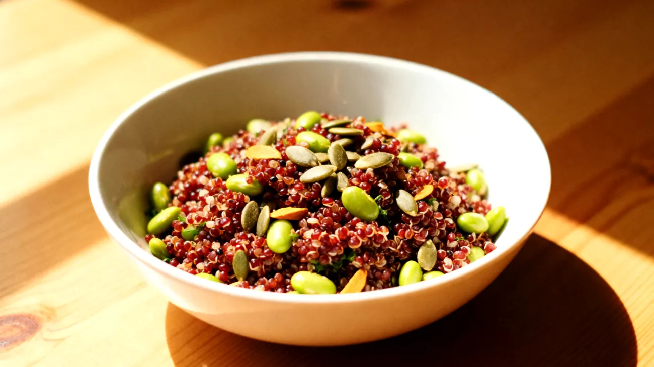 Insalata di quinoa rossa con edamame e semi di zucca"